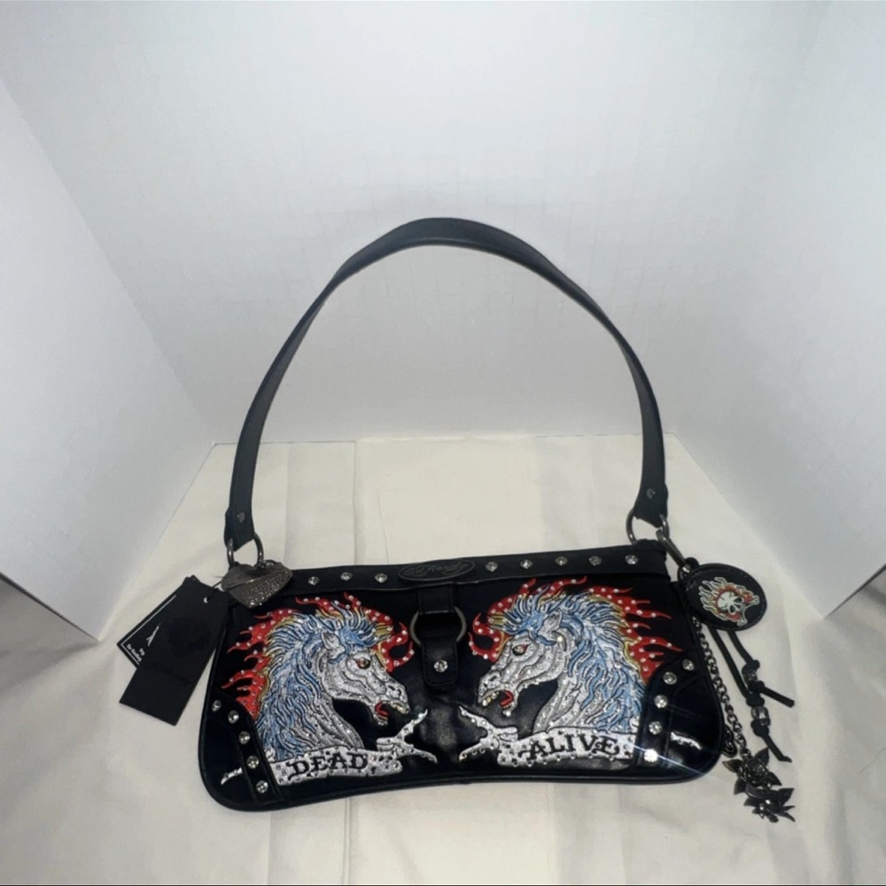 ED HARDY Fierce Black Embroidered Shoulder Bag